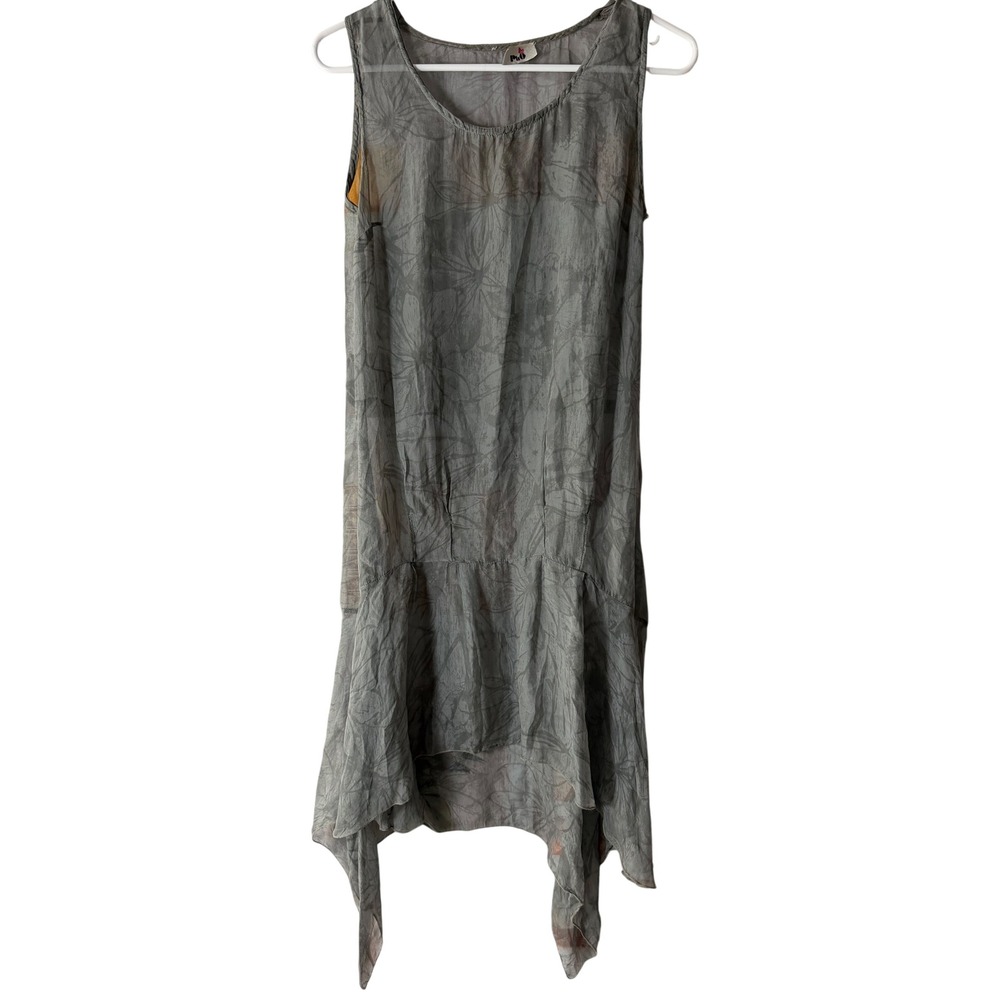 P.H.O. Silk Floral Drop Waist Midi Dress Gray Size M